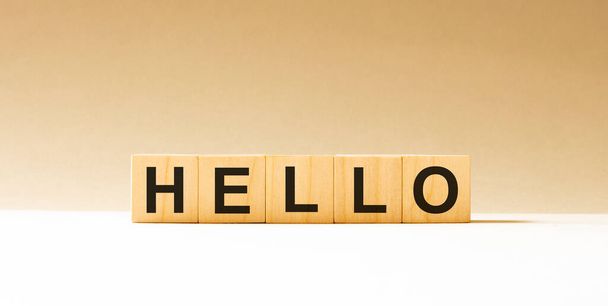 Word hello made with wood building blocks - Foto, afbeelding