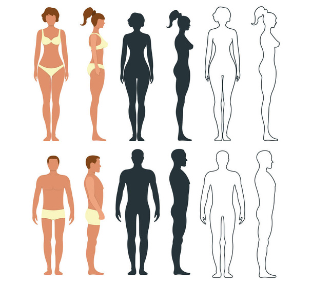 Man en vrouw anatomie menselijk karakter, mensen dummy voorzijde en bekijk zijkant lichaam silhouet, geïsoleerd op witte, platte vector illustratie. Zwart, schets en cartoon mannequin mensen schaal concept. - Vector, afbeelding