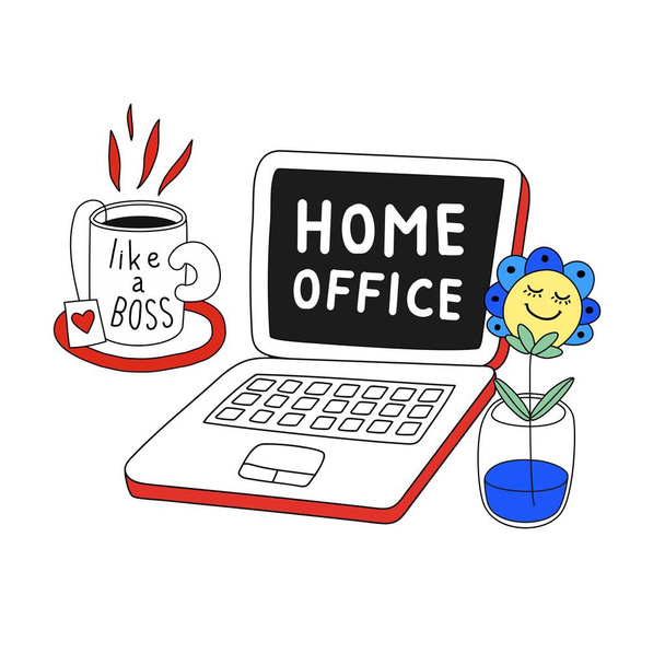 Home office. Freelancer desktop with laptop, flower and tea mug. - Vecteur, image