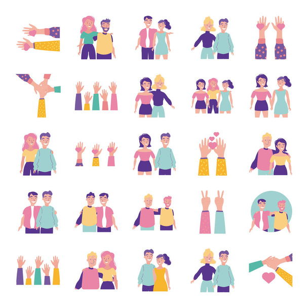happy friendship day celebration with people and icons set - Vector, Image