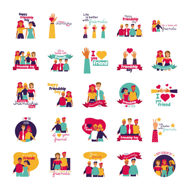 happy friendship day celebration with people and icons set - Vector, Image