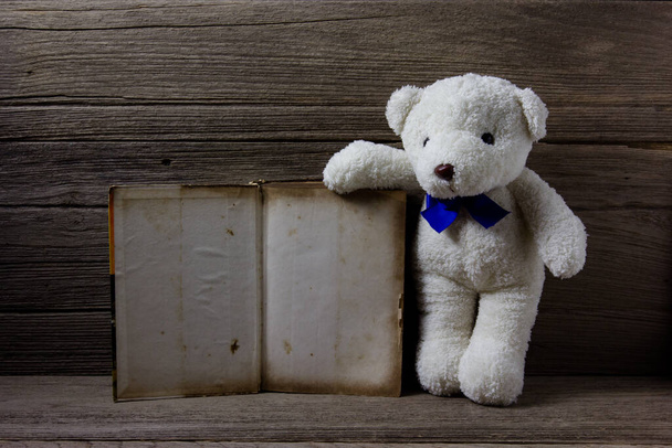 Αρκουδάκι με παλιό βιβλίο για το ξύλο φόντο, νεκρή φύση - Φωτογραφία, εικόνα