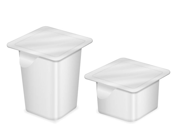 Plastic pack yogurt on a white background. - Vecteur, image