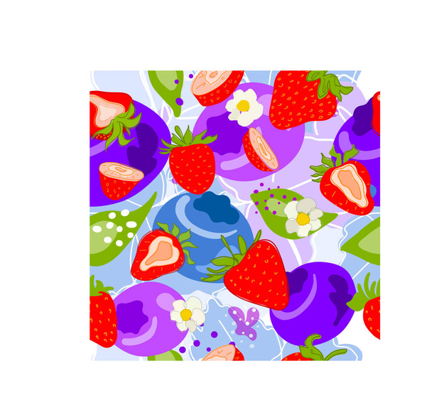 Tuoreita mustikoita, mansikoita, kirsikoita, hedelmiä, mehua, roiskeita, mehukasta suihketta abstraktilla taustalla. Doodle saumaton rakenne. Minimaalinen tyyli. Vektorin käsialan kuvitus. Käsin piirretty. Kasvissyöjä - Vektori, kuva