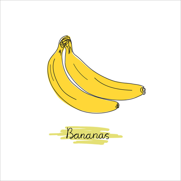 Cartoon bananen. Doodle. Gele vruchten, een banaan, een bos bananen. Handgetekend. Tropisch fruit, bananensnack of vegetarische voeding. Lijnen. Geïsoleerde vectorillustratie pictogrammen ingesteld. - Vector, afbeelding