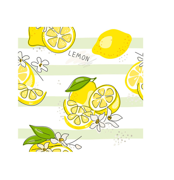 レモン、ライム、緑の葉と花の新鮮な黄色の果物。白を基調としたシームレスな柑橘系の食感。レモンスライス全体。最小限のスタイルをかわす。黒い線だ。ベクトルイラスト。手書き. - ベクター画像