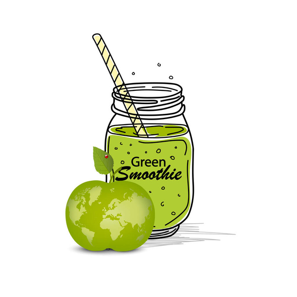 Smoothie or Detox cocktail day poster in doodle style. Set of hand drawn ingredients for smoothie or detox drink in the bottle. Healthly food. Vector illustration. World map apple. Great for poster. - Vektor, obrázek