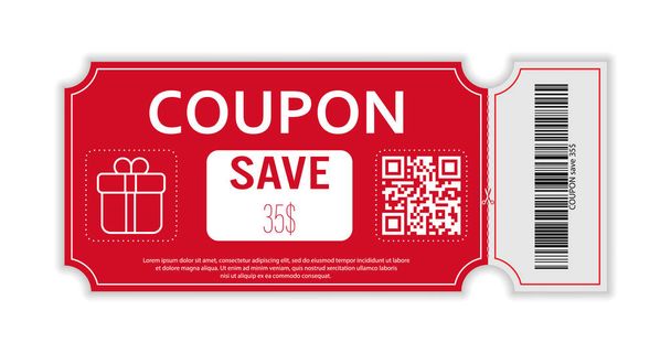 Coupon with real barcode and QR code for 35 percent off sale for stores, trade and business. Simple design - ベクター画像