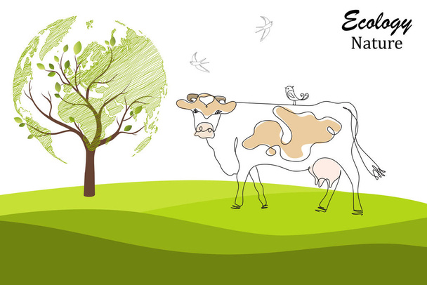 Yhden linjan lehmä suunnittelu siluetti ja maaseudun niitty vuoren taustalla. Luonnonmaisema. Käsin piirretty minimalismi tyyli vektori kuva. Vihreä. - Vektori, kuva