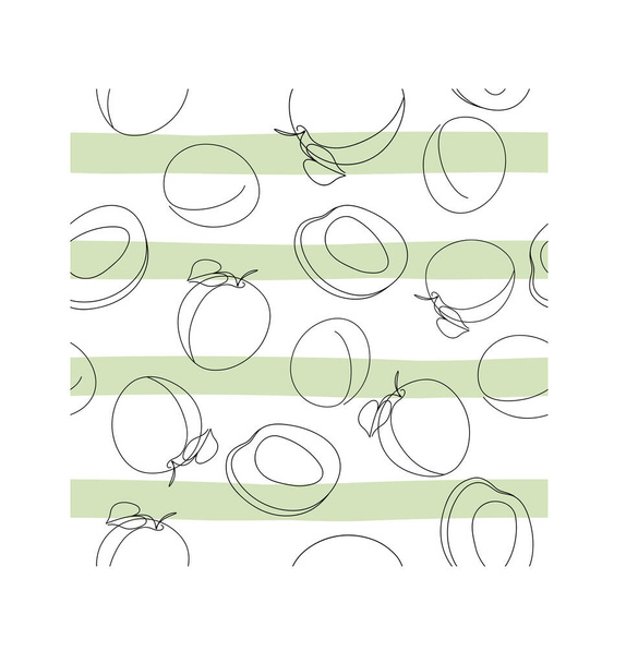 Fresh, bright apricots, leaves, fruits on a white background. Seamless texture. Doodle Minimal Style. Vector handwriting illustration. Hand-drawn. Vegetarian food. Set for a healthy diet. Black line. - Vector, Image
