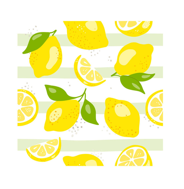 Taze sarı limon, yeşil yapraklı ve çiçekli limon meyveleri. Beyaz arka planda kusursuz turunçgil dokusu. Limon dilimi. Doodle Minimal Style. Siyah çizgi. Vektör çizimi. El yazısı. - Vektör, Görsel
