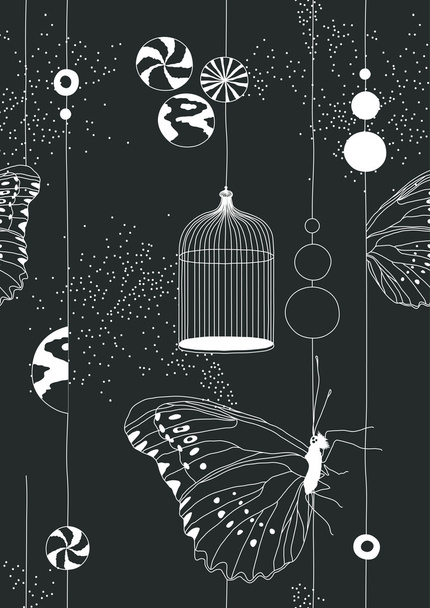 Black Seamless Pattern with Butterflies - Διάνυσμα, εικόνα