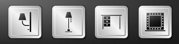 Set Wandleuchte, Stehlampe, Schreibtisch und Schminkspiegel mit Lichtersymbol. Silberner quadratischer Knopf. Vektor. - Vektor, Bild