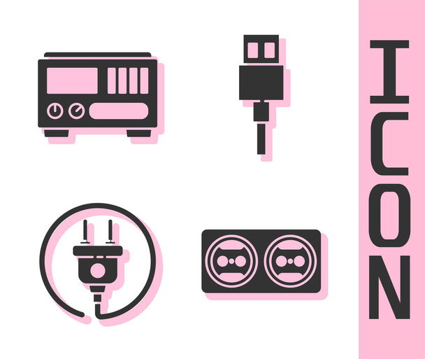 Set Elektrische stopcontact, Elektrische meetinstrumenten, Elektrische stekker en USB-kabel icoon. Vector. - Vector, afbeelding