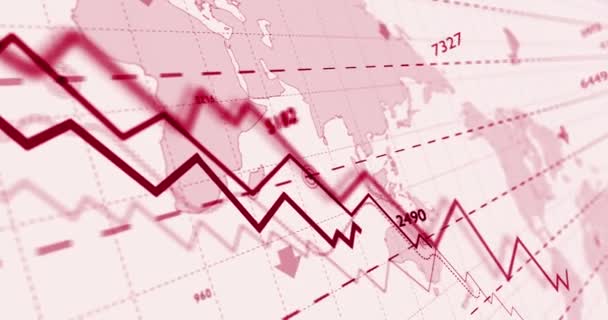 Κόκκινο διάγραμμα παγκόσμιας κρίσης. Γράφημα κάτω στον παγκόσμιο χάρτη φόντο 3d loopable απρόσκοπτη κινούμενα σχέδια. Επιχειρηματική στασιμότητα, αγορά αρκούδα, χρηματιστηριακή κατάρρευση, χρηματοοικονομική, οικονομία διάγραμμα παρακμής αφηρημένη έννοια. - Πλάνα, βίντεο