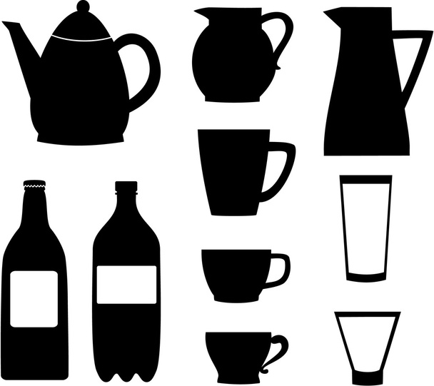 Silhouettes of bottles, jugs and cups. - Vector, Image