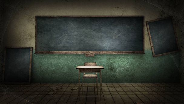 horror en griezelig klaslokaal in de school. 3D-weergave - Foto, afbeelding