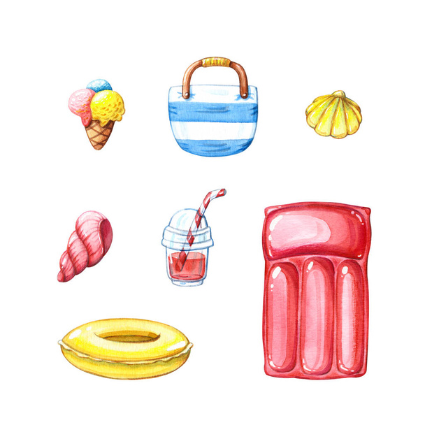 hand drawn watercolor clipart set of different beach accessories, ice cream, rubber ring, matress and cup of juice with sea shells isolated on white - concept of summer holidays and vacation - Photo, Image