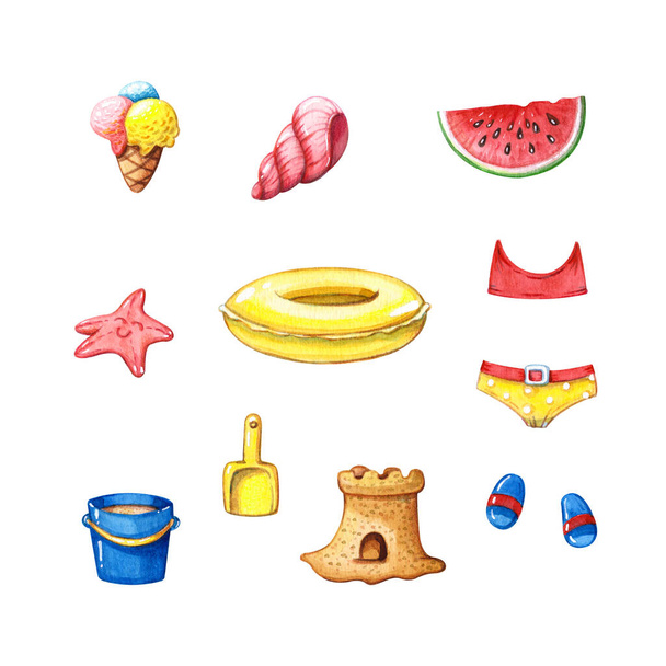 hand drawn watercolor clipart set of beach toys, sand castle, swimsuit, ice cream and watermelon with sea shells and rubber ring isolated on white - concept of summer holidays and vacation - Photo, Image