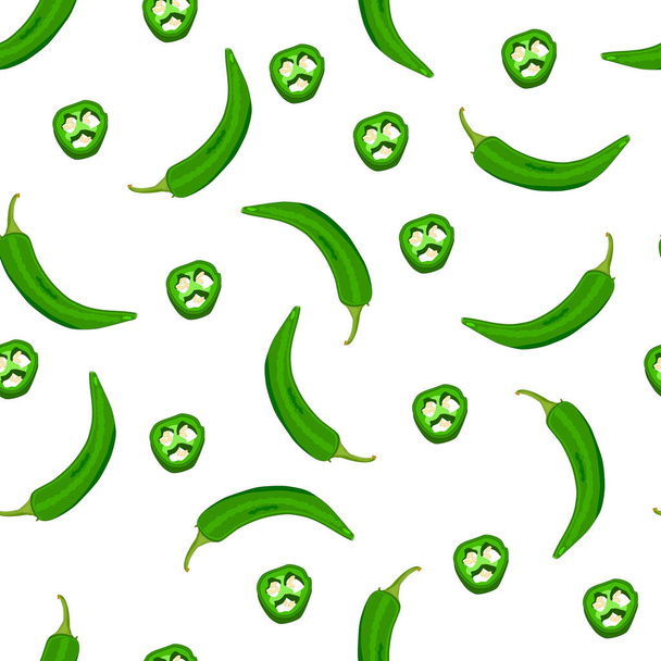 Chilischoten nahtlose Muster. Textur mit grünem Jalapeño auf weißem Hintergrund. Cartoon Paprika für Öko-Lebensmittel Hintergrund, Tapeten, Verpackungen und Bekleidungsdesign. Illustration eines Aktienvektors - Vektor, Bild