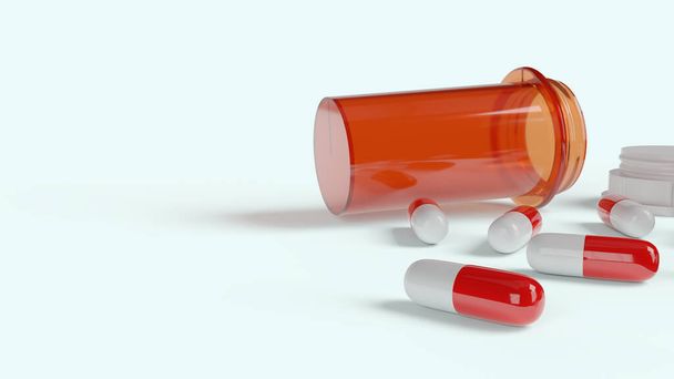 El frasco de la medicina y la cápsula blanca roja 3d representación para el contenido médico
 - Foto, Imagen