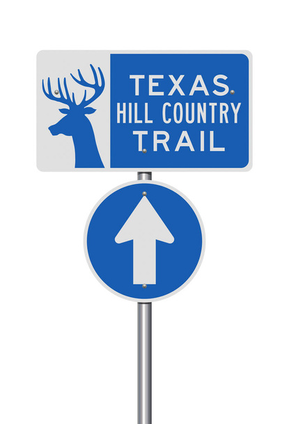 Ilustração vetorial dos sinais de estrada azul Texas Hill Country Trail no poste metálico
 - Vetor, Imagem