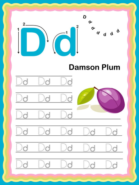 Kleurrijke letter D Hoofdletters en kleine letters Traceren alfabetten beginnen met Groenten en fruit dagelijkse praktijk werkblad, afdrukbare A4-formaat - Kleurrijke vector illustratie oefening voor kinderen - Vector, afbeelding
