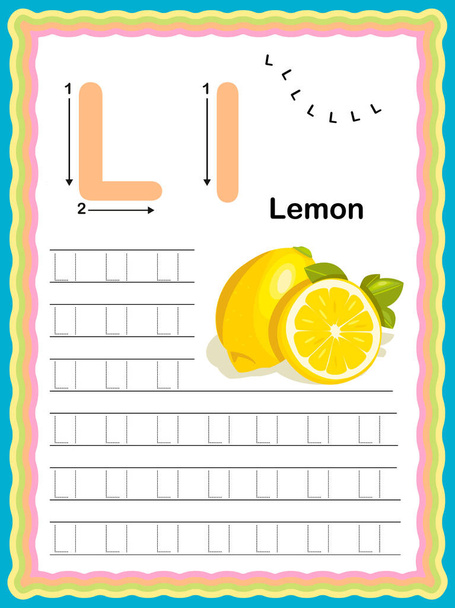 Preschool Colorful letter L Uppercase and Lowercase Tracing alphabets start with Vegetables and fruits daily writing practice worksheet, printable A4 size - vector illustration exercise for kids - Vector, Image