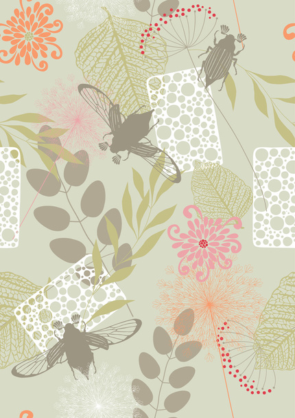 Seamless Pattern with Flowers and May-Bugs - Vector, Image