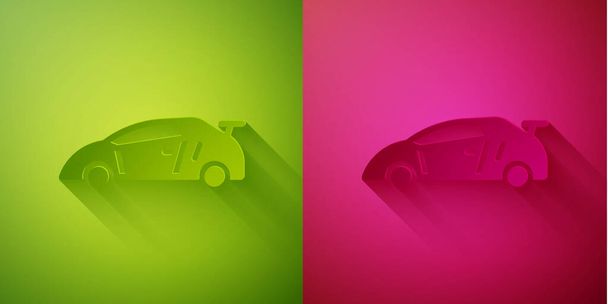 Papírvágás Sport autóverseny ikon elszigetelt zöld és rózsaszín háttérrel. Papírművészeti stílus. Vektor. - Vektor, kép