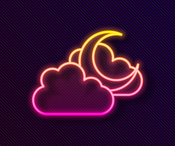 Glowing neon line Cloud with moon icon isolated on black background. Cloudy night sign. Sleep dreams symbol. Night or bed time sign.  Vector. - Vector, imagen