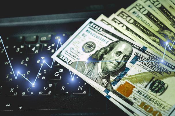 Dolar waluty, American Dollar Cash Money z Keybord Computer, Business Success koncepcja z giełdy lub forex wykresu handlowego. - Zdjęcie, obraz