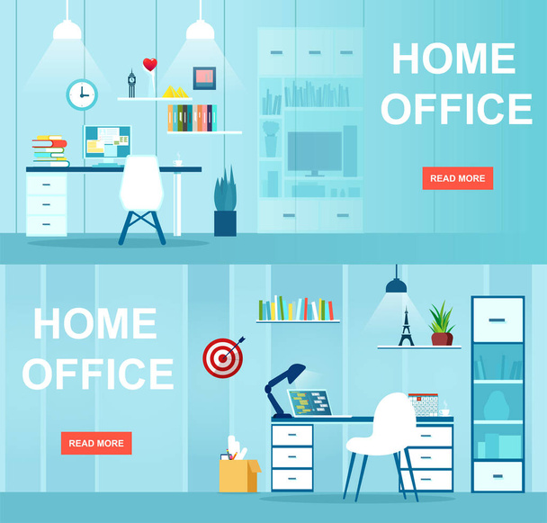 Vector of an office interior with desktop, business workspace. Workplace at home concept.  - Vector, Imagen