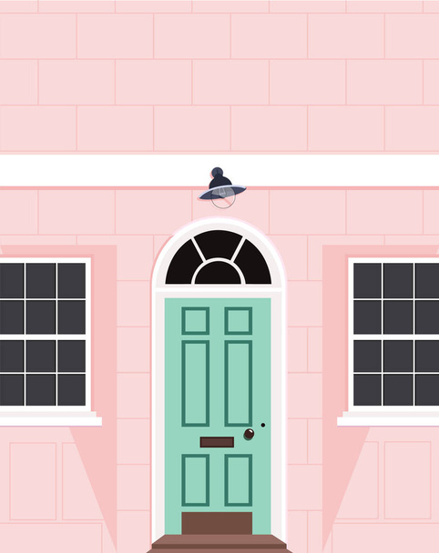 Beautiful peach house facade. Modern outdoor design. London style property. Trendy hand drawn vector illustration of a peach colour house with a light green door. House wall, door and two windows. - Vector, Image