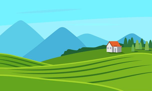 Zonnig landschap, landelijk landschap met velden, bergen en een huisje. Vector illustratie in platte stijl - Vector, afbeelding