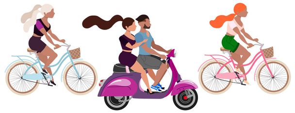 Люди їздять на скутерах і велосипедах. Милі модні молоді векторні персонажі на мотоциклах. Ізольований набір ілюстрацій. Сучасна концепція туристичного транспорту
.  - Вектор, зображення