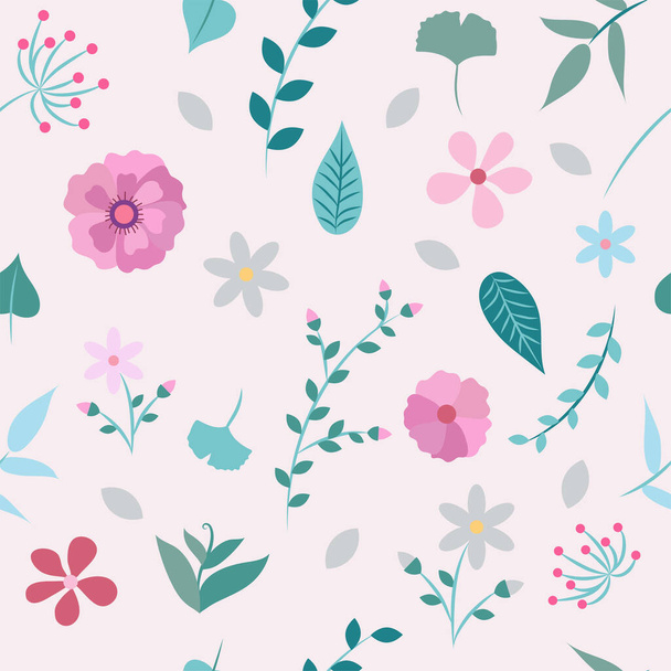 Spring flowers and leaves seamless pattern - different types of flowers and leaves, vector illustration design template - Vetor, Imagem