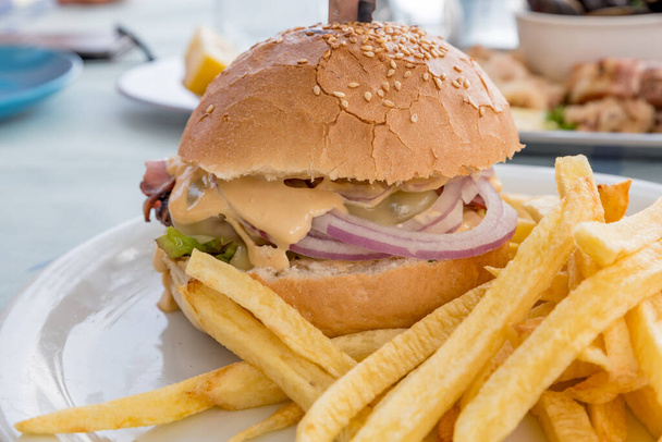 Big burger with french fries boundary - Photo, Image