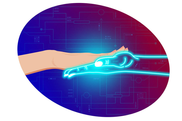 Sztuczna inteligencja, neurologiczne uczenie się sztuczne sieci, stylizacja w postaci kobiecej ręki dotyka cybercyfrowej ręki w neonowym kolorze. Na cyfrowym tle. Wektor izolowany poziomo - Wektor, obraz