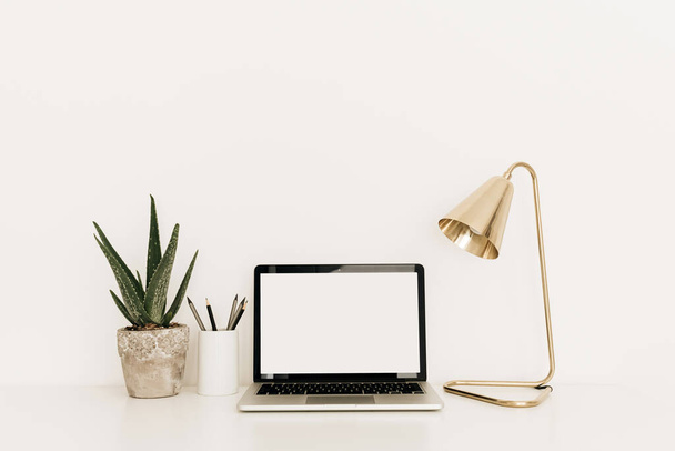 Laptop with blank copy space screen on white table with golden lamp and aloe plant. Minimal home office desk workspace with mockup template. Work at home concept. - Foto, Imagem