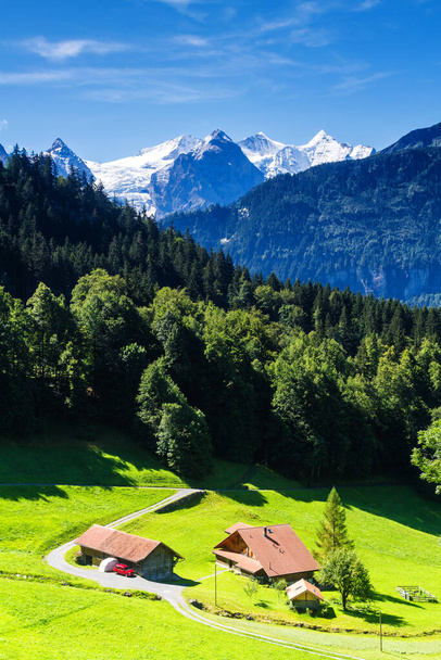 Puutalo Sveitsin Alppien joukossa. Taustalla tunnetuimmat huiput Sveitsin Alpeilla - Eiger, Jungraf ja Monch - Valokuva, kuva
