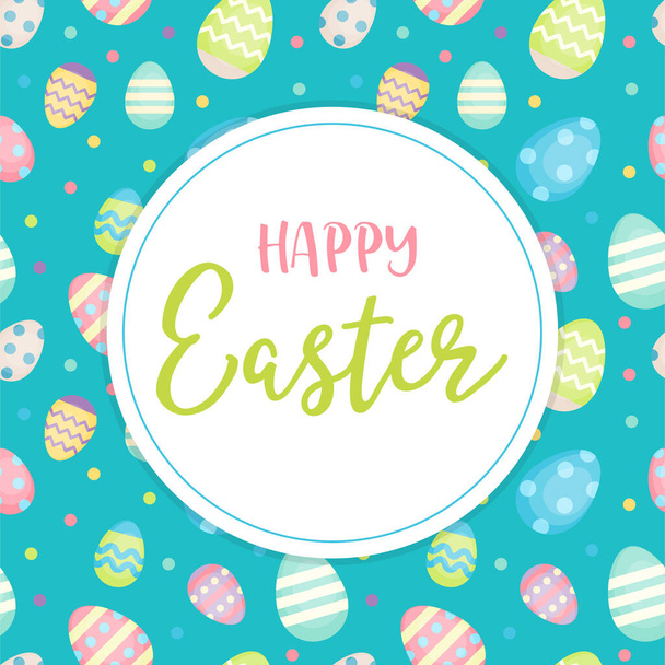 Happy Easter - greeting card with lettering and Easter eggs background. Vector illustration in pastel colors, design template - Вектор,изображение