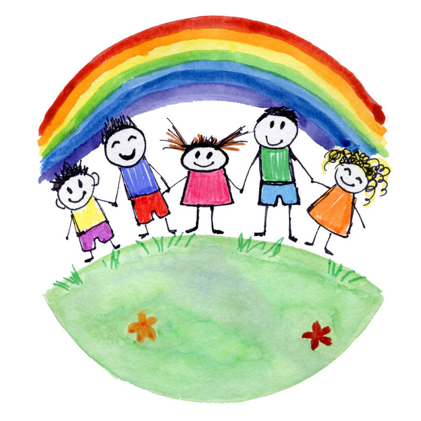 Χειροποίητη πολύχρωμη απεικόνιση ευτυχισμένων παιδιών 300 dpi  - Φωτογραφία, εικόνα