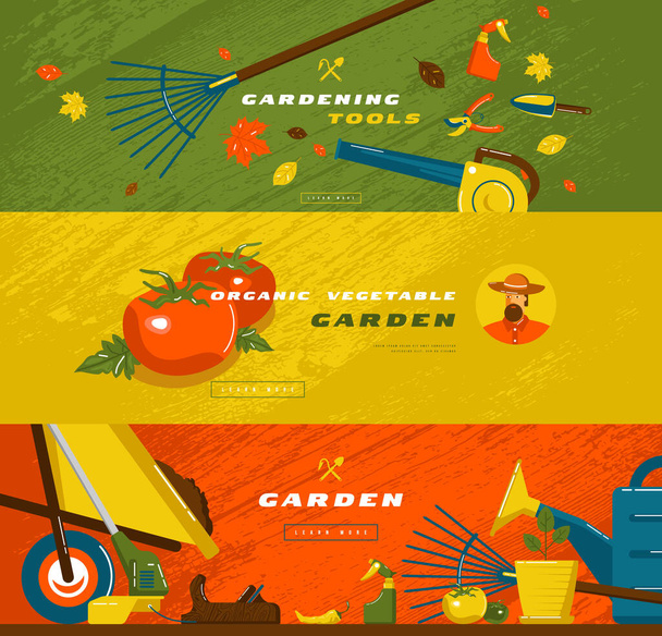 Zásobní vektorová ilustrace zahradnického banneru s nářadím a zeleninou. Design v plochém stylu pro web banner, leták a další - Vektor, obrázek