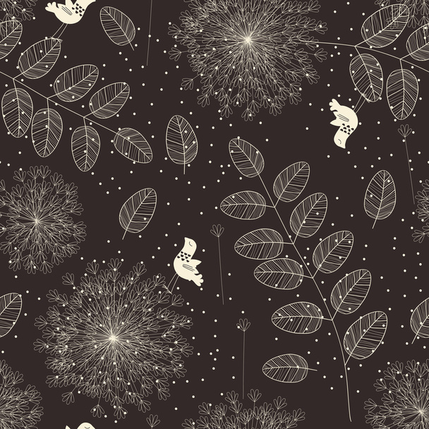 Seamless Pattern of Flowers and Leaves - Wektor, obraz
