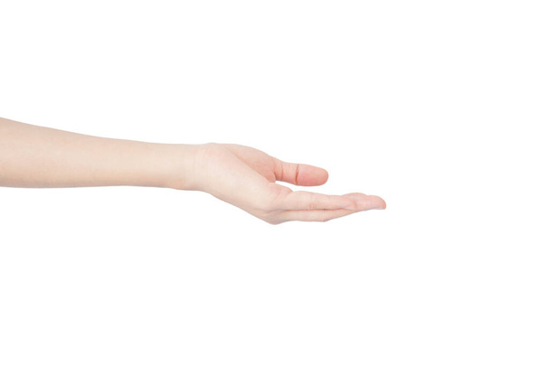 kéz a nő kinyújtja kezét kap gesztus elszigetelt fehér háttér - Fotó, kép
