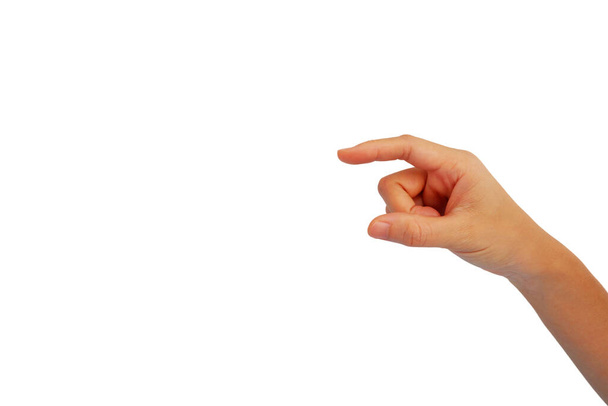 ręka Azjatki jest sięgnąć i użyć palca wskazującego naciśnij coś izolowane na białym tle - Zdjęcie, obraz