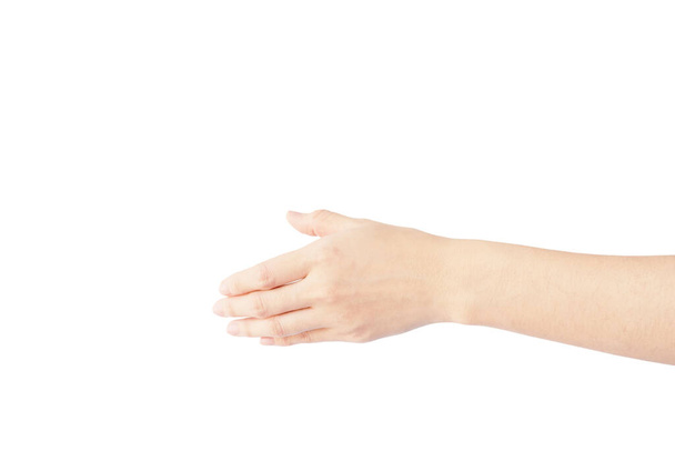 Рука азіатської жінки тягнеться до тремтіння руки ізольованої на білому фоні - Фото, зображення