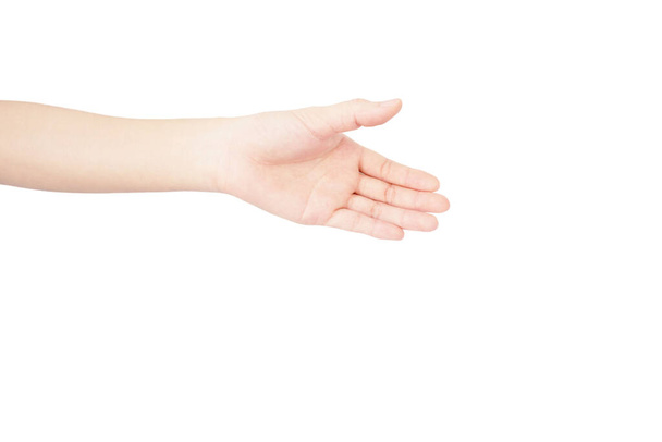 Рука азіатки простягнута, тремтячи рукою, ізольована на білому фоні. - Фото, зображення