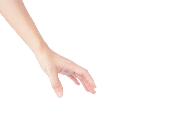 χέρι της γυναίκας είναι να φτάσει κάτω pick up ή να λάβει ή να πιάσει χειρονομία που απομονώνονται σε λευκό φόντο - Φωτογραφία, εικόνα